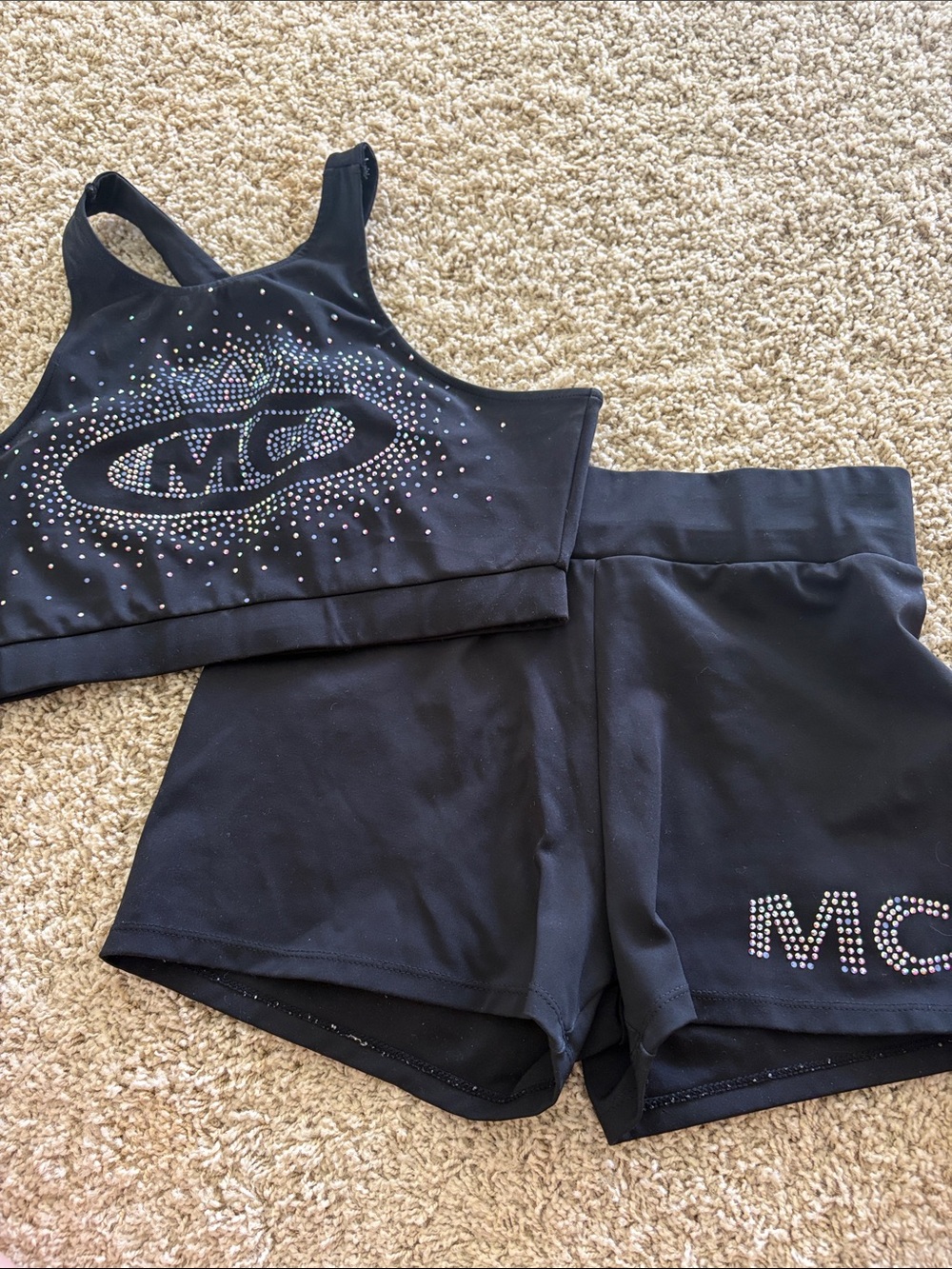 Black Rhinestone cheer Crop Top & Shorts Set